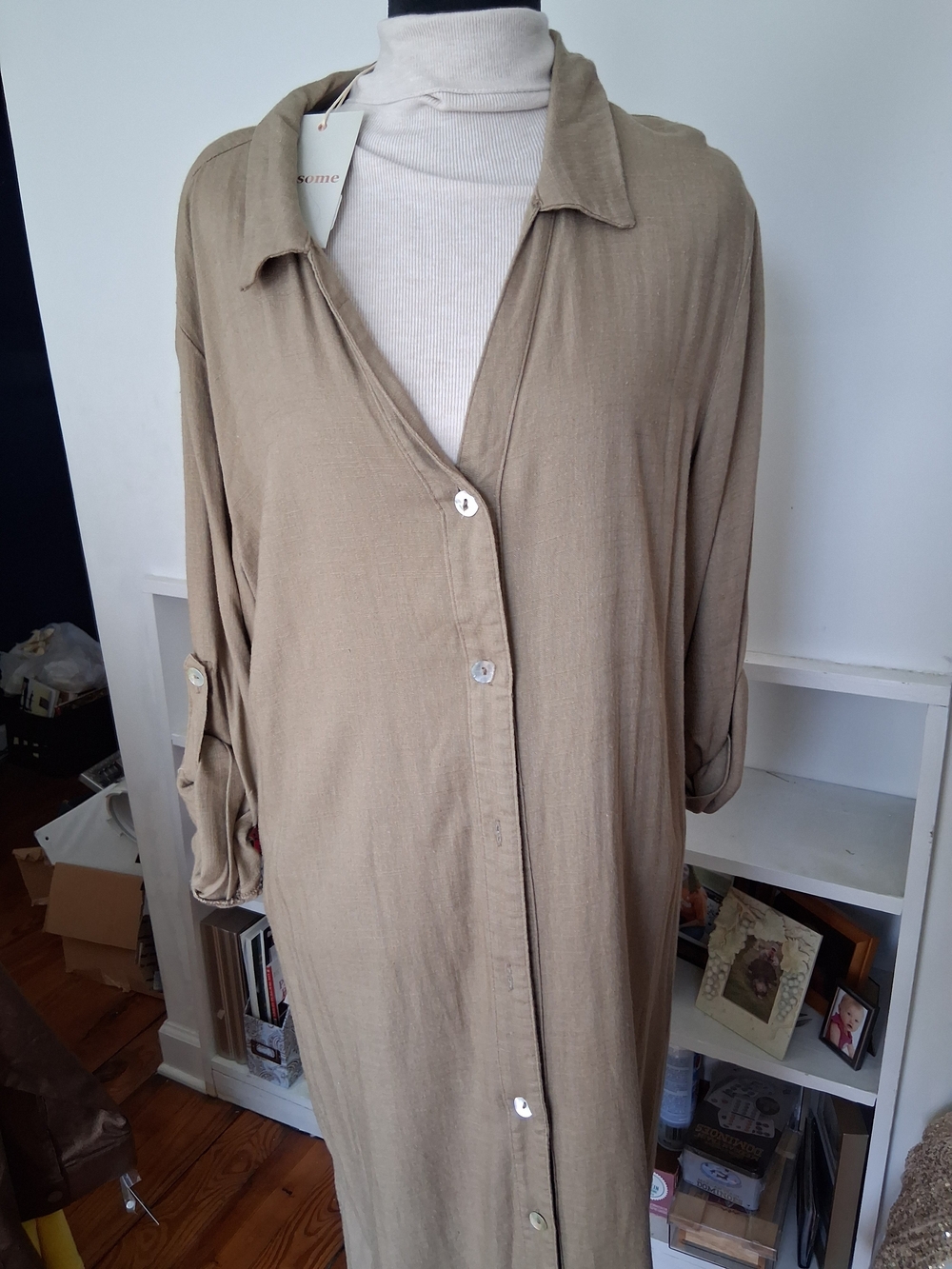 Linen.Light Taupe Longline Button-Front Womens Dress.